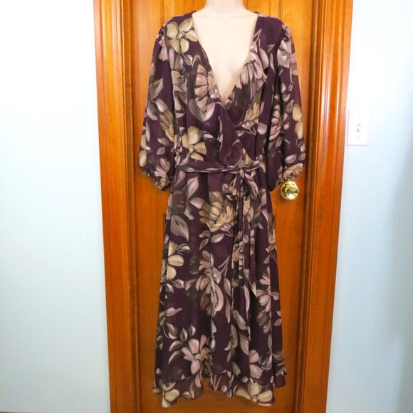 Danny & Nicole Burgandy Floral Dress Ruffles Chiffon Lined Elastic Waist Sz 24W - Picture 1 of 10